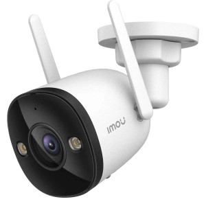 Weiße IMOU Bullet 3 3K 5 MP WLAN-Überwachungskamera mit zwei Antennen, schwarzer Front, Linse und Scheinwerfern.