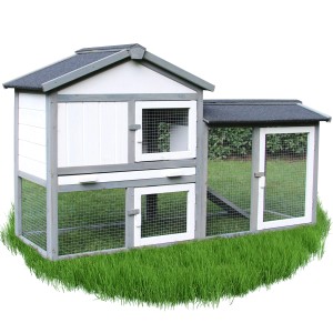 Grau-weißer NYVI Hasenstall mit Auslauf, Gehege und Kunststoffschublade.