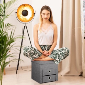 Relaxdays Sitzhocker mit Stauraum Polyester MDF Schaumstoff Dunkelgrau 2 Schubladen Faltbar Gepolstert 39 cm x 37 cm x 37 cm 4,1 kg