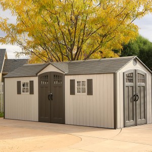 Großes Lifetime Kunststoff-Gartenhaus Makro 14 m² mit Doppeltür und Fenstern.