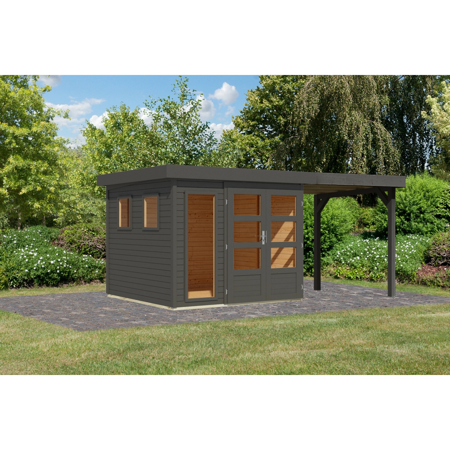 Karibu Gartenhaus Maradi 3,5 Rundum m. Anbaudach Terragrau 211 x 238 x 242 günstig online kaufen