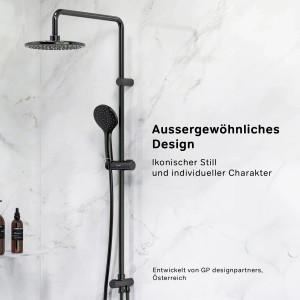 Schwarzes AM.PM Duschsystem Gem mit Kopf- und Handbrause, ohne Armatur.
