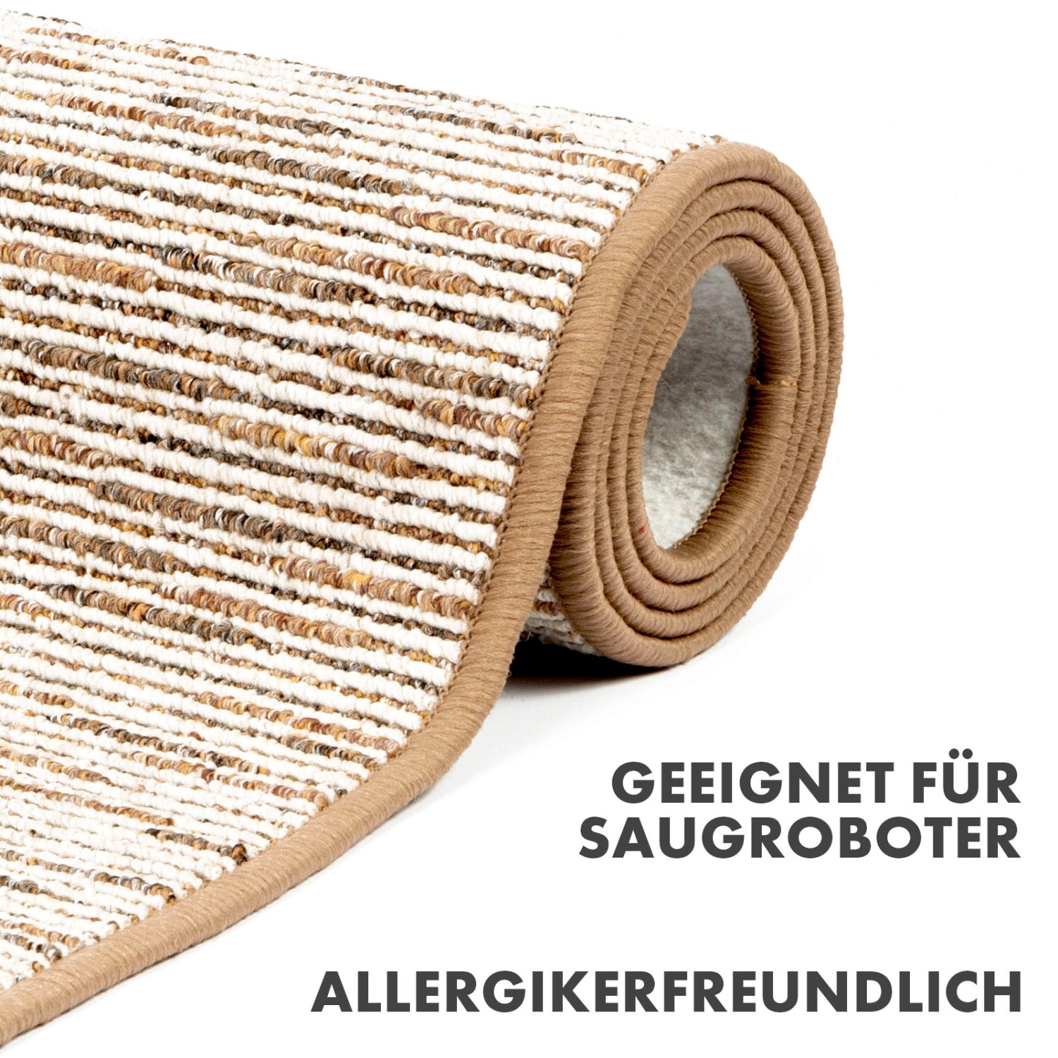 Beiger KARAT Teppich Geneva, moderner Wohnteppich mit braunen Streifen, gerollt.