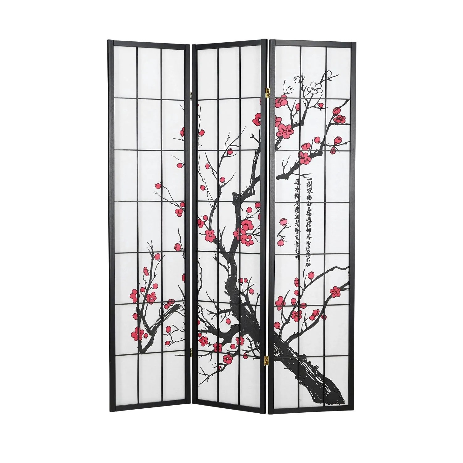 Homestyle4u 3-tlg. Paravent in Schwarz Kirschblüte 132x179 cm 63