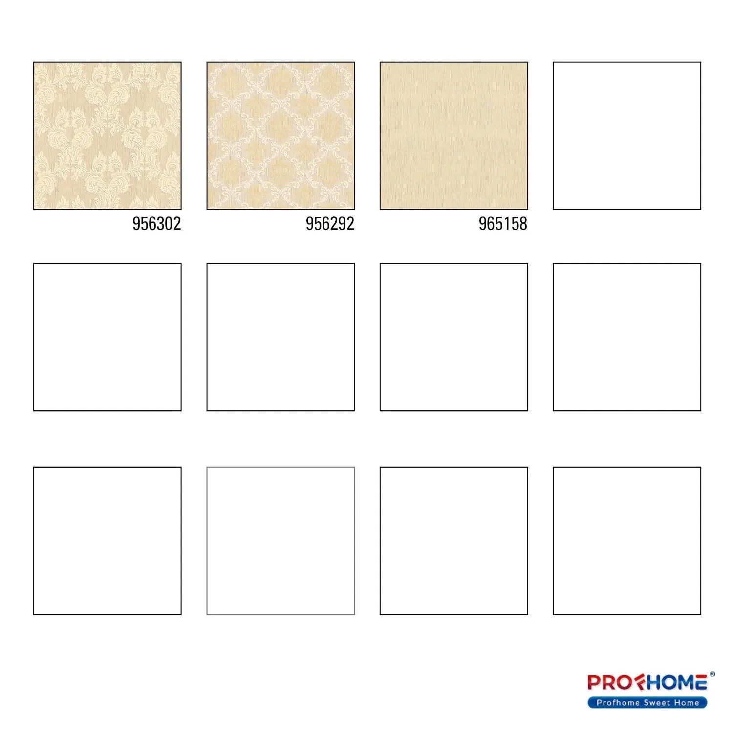 Muster verschiedener PROFHOME Textiloptik Tapeten mit Barockmuster in Beige und Gelb.