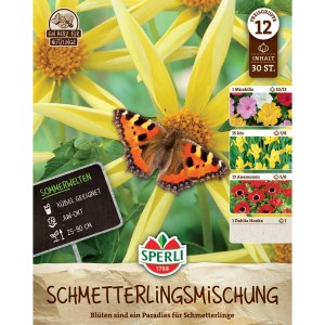 Sperli Schmetterlingsmischung: Blütenmix mit Schmetterling auf gelber Blüte. Ideal für Kübel und Garten.