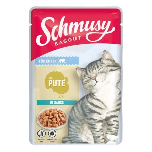 Schmusy Ragout Kitten Pute in Sauce, Nassfutter für Kätzchen, getreidefrei und ohne Zuckerzusatz.