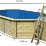Karibu Holzpool Set mit Sonnenterrasse und Leiter, Maße eingezeichnet.