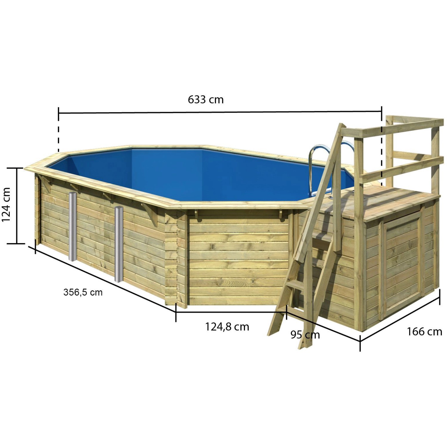 Karibu Holzpool Set mit Sonnenterrasse und Leiter, Maße eingezeichnet.