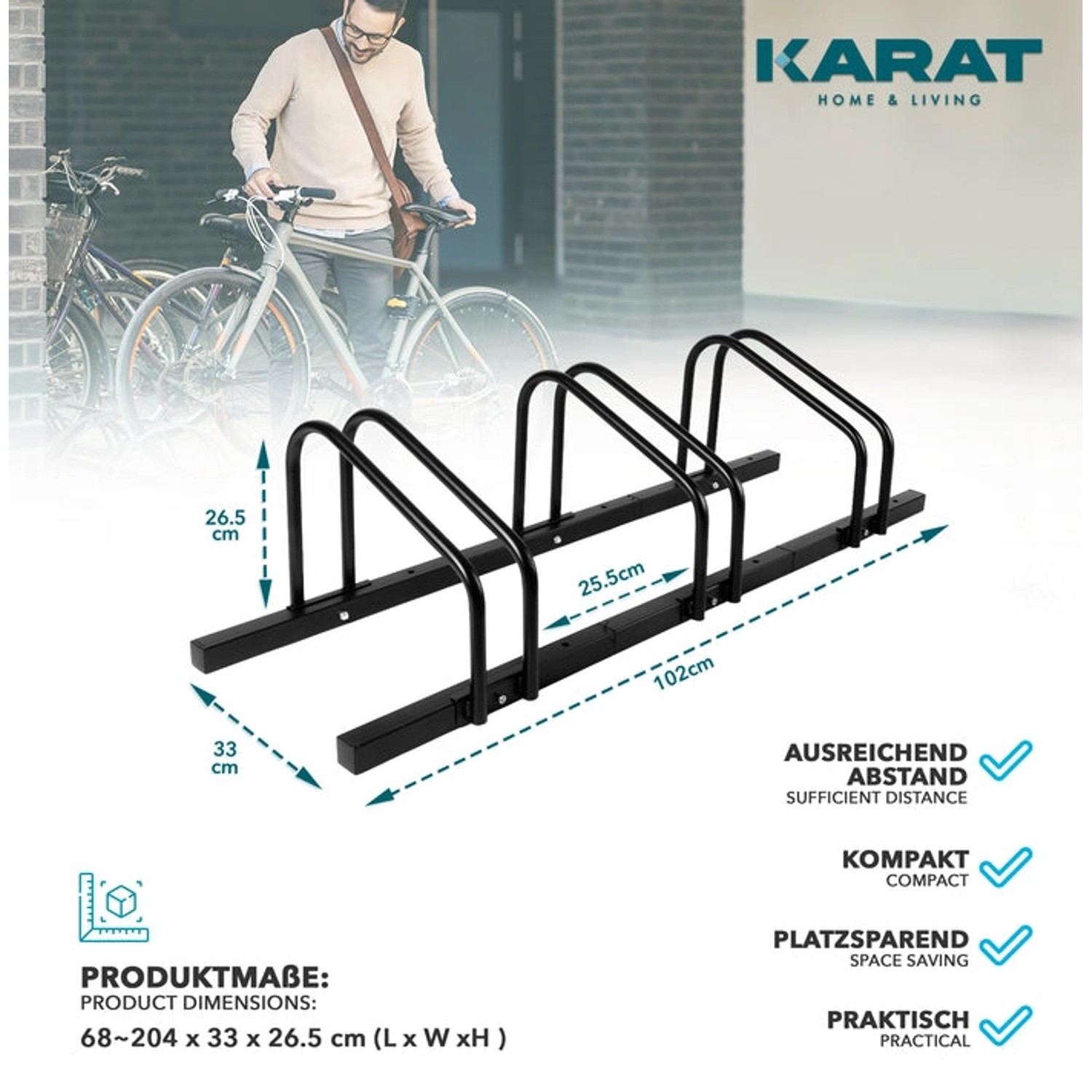 Schwarzer KARAT Fahrradständer Linus für 3 Fahrräder, zur Boden- oder Wandmontage.