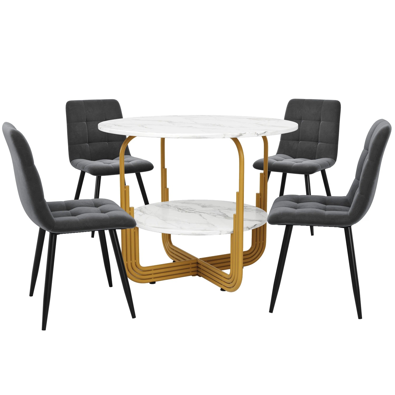 Merax Esstisch Set Rund 80cm Gold Mit 4 Grauen Samtstühlen