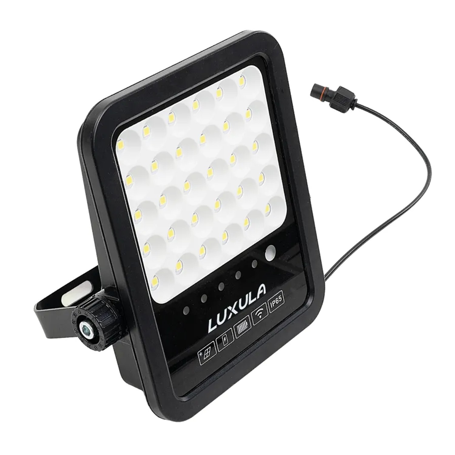 Schwarzer LUXULA LED Solarstrahler mit kaltweißem Licht und separatem Solarpanel.