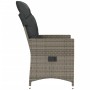 Grauer Poly Rattan Gartensessel mit dunklen Kissen, verstellbarer Rückenlehne und Stahlrahmen, Seitenansicht.
