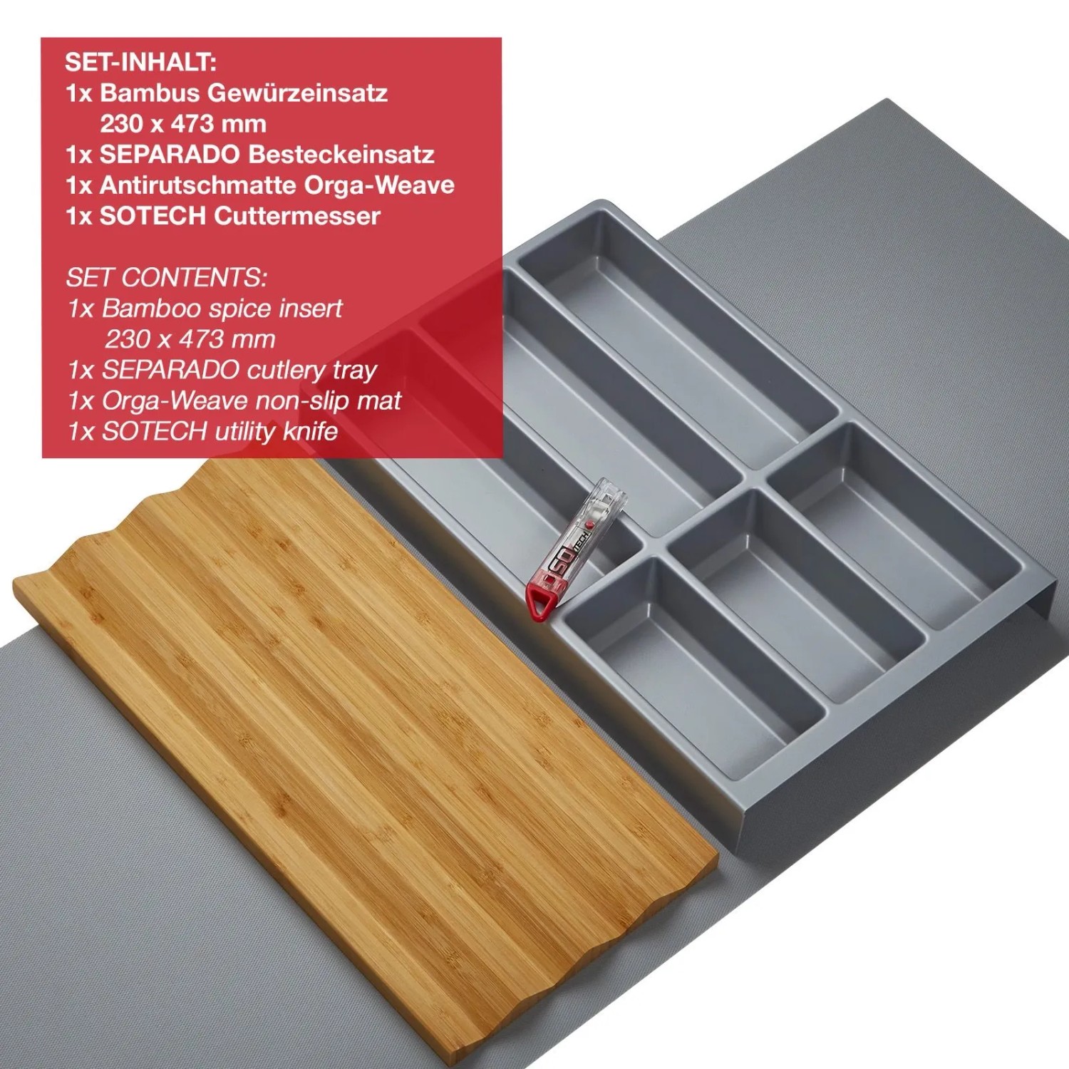 SOTECH ORGA-BOX Vario SET 5 Silbergrau für 80er Schublade Besteckeinsatz Gewürzeinsatz Antirutschmatte Orga-Weave_5