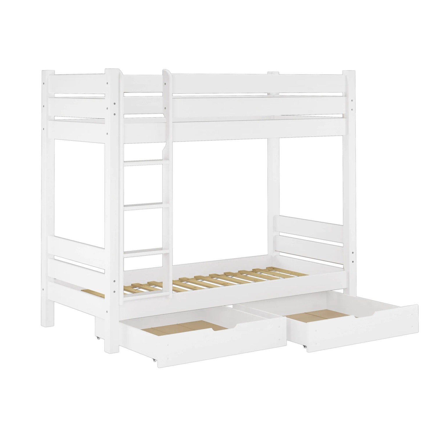 Weißes Kiefer Massivholz Etagenbett 90x200 mit Rollrost und Gästebettkasten.