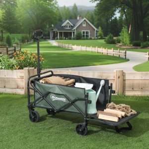 Outsunny Camping Bollerwagen aus Stahl und Polyester, 114L, mit Gartenzubehör vor Haus.