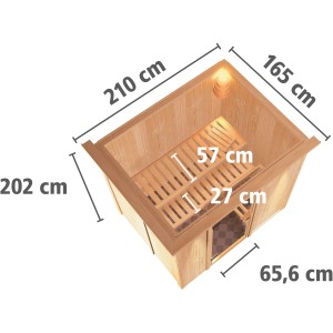 Karibu Sauna mit LED-Dachkranz, naturbelassene Fichte, Maße: 210x165x202 cm, inklusive Liegen.