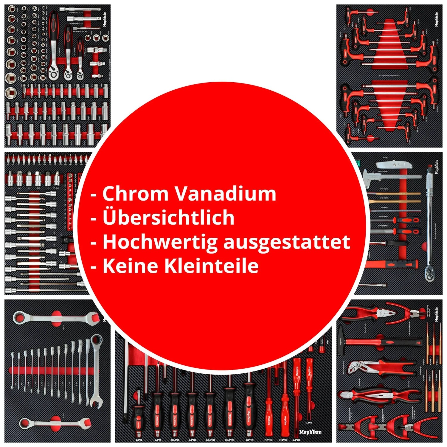 Gefüllter Mephisto XXL Werkzeugwagen: Schubladen mit Werkzeug aus Chrom Vanadium Stahl.
