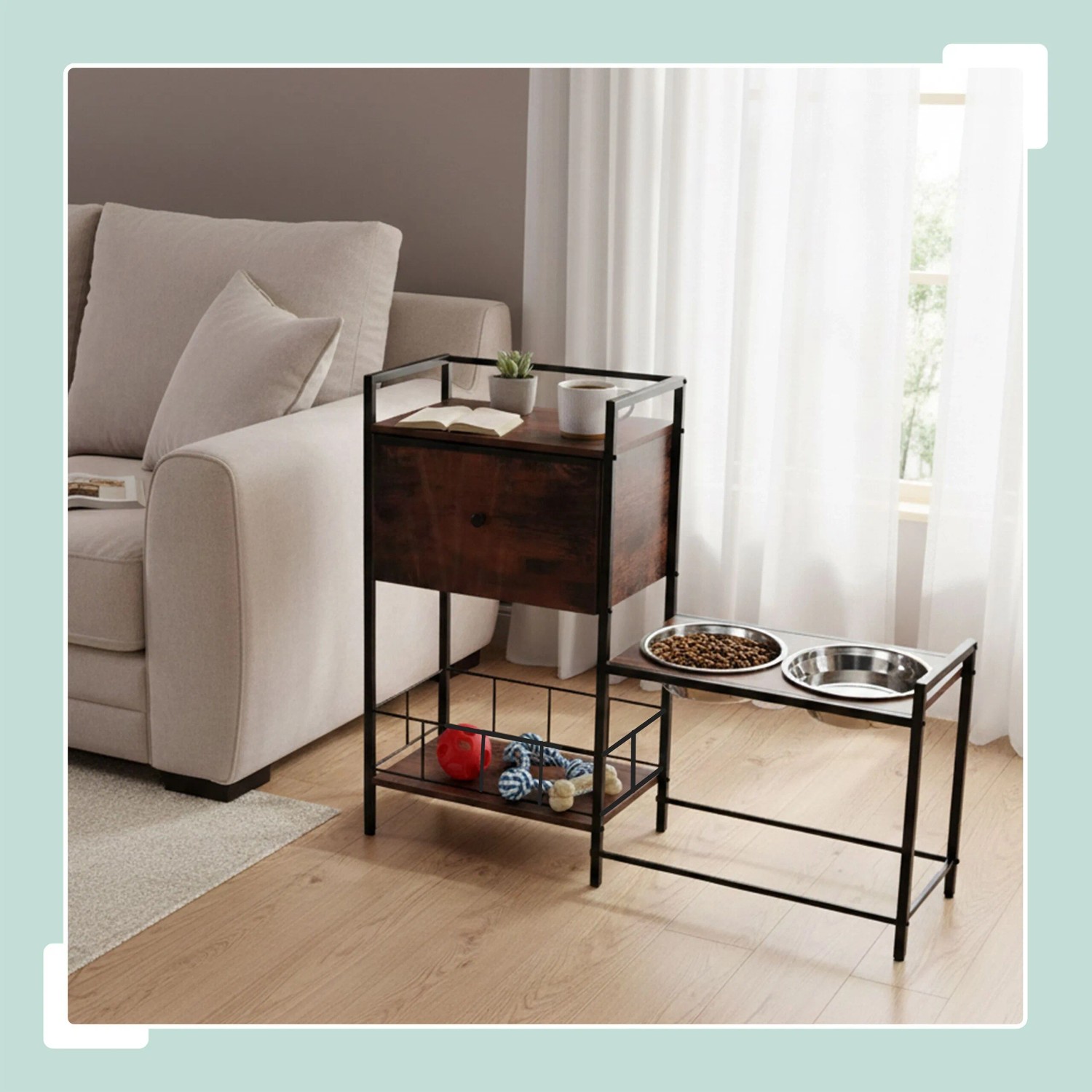 Relaxdays Futterstation Hunde MDF Eisen Edelstahl Schwarz Braun Erhöht Stauraum 76 cm x 90 cm x 27 cm_2