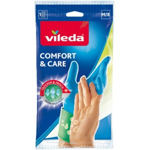 Vileda Comfort & Care Haushaltshandschuhe, Größe M, in blau-grüner Verpackung.