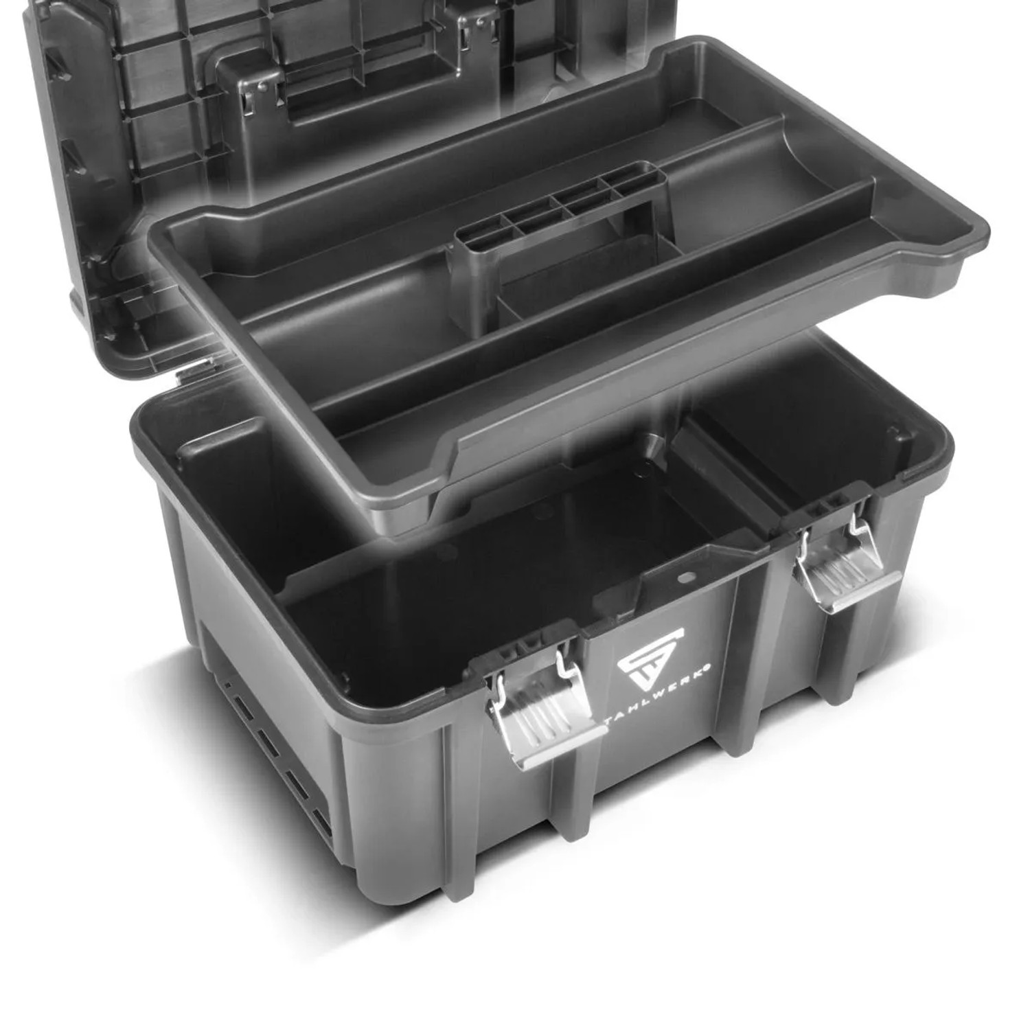 STAHLWERK Werkzeugkiste mit Rollbrett und 3 Boxen, geöffnet mit Einlage.