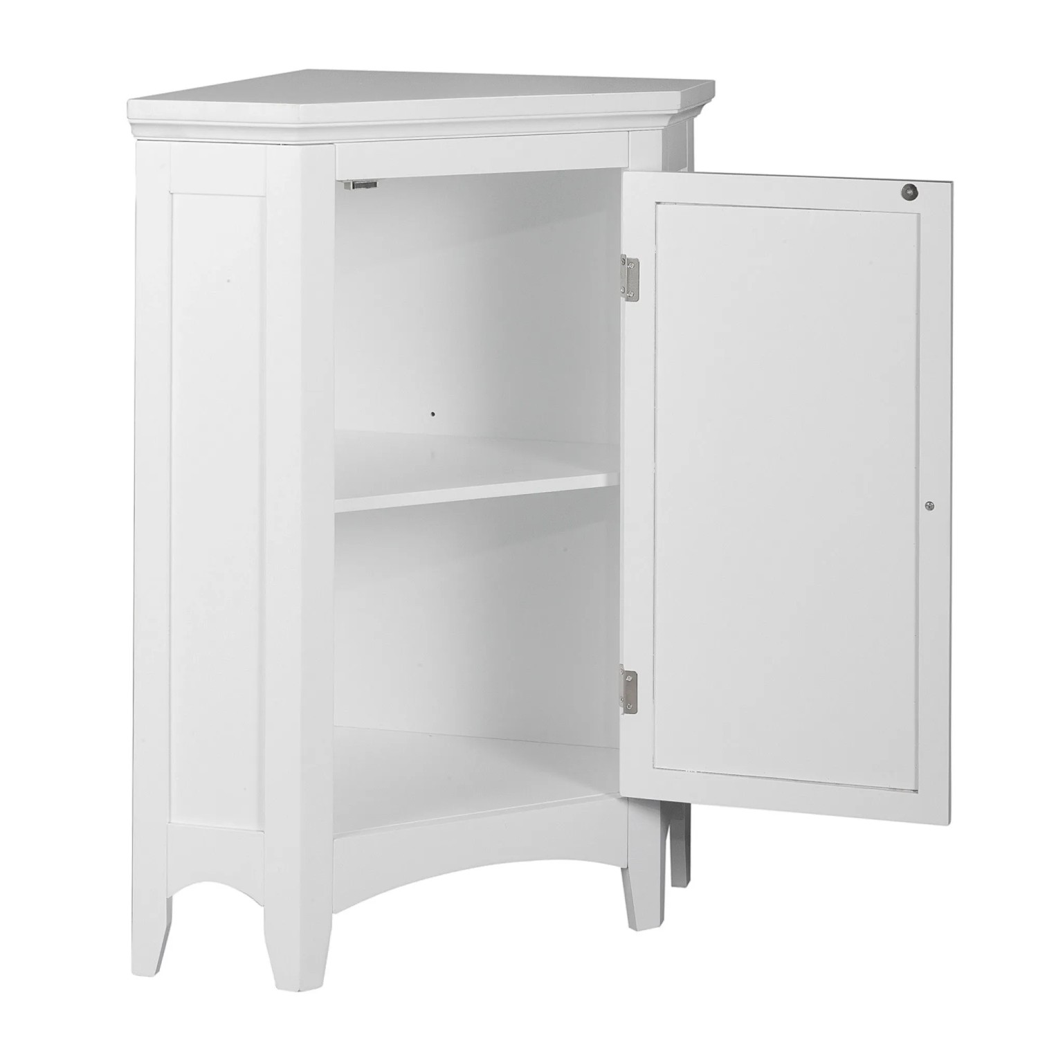 Weißer freistehender Eck-Badschrank mit offener Tür, einem Regal und Shaker-Beinen. Praktische Bad-Aufbewahrung.