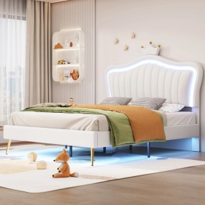 Weißes Merax Kinderbett 140x200cm mit gepolstertem Muschel-Kopfteil, Krone und integrierter LED-Beleuchtung.