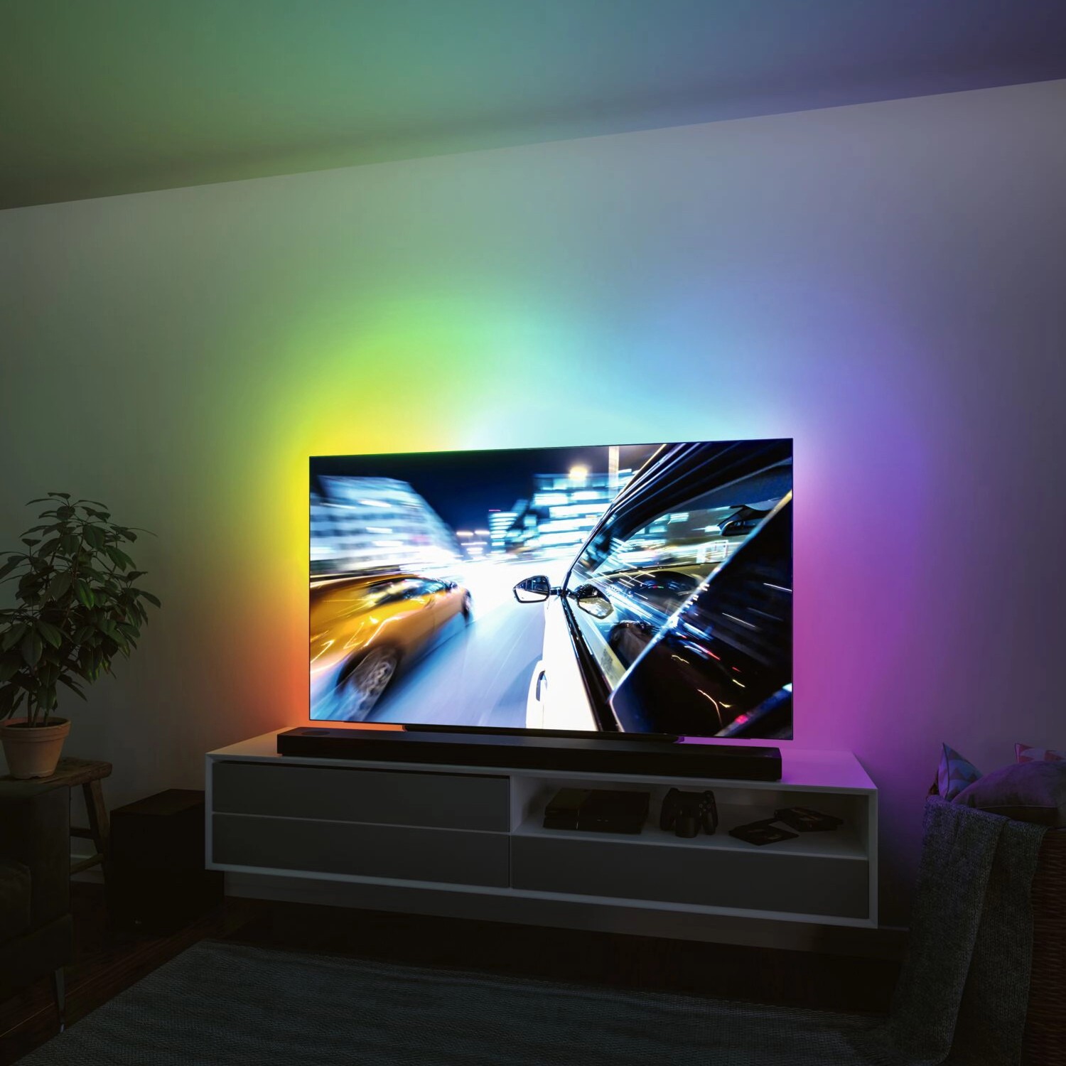 Paulmann EntertainLED LED-Streifen mit USB für 75-Zoll-Fernseher, indirekte RGB-Beleuchtung.