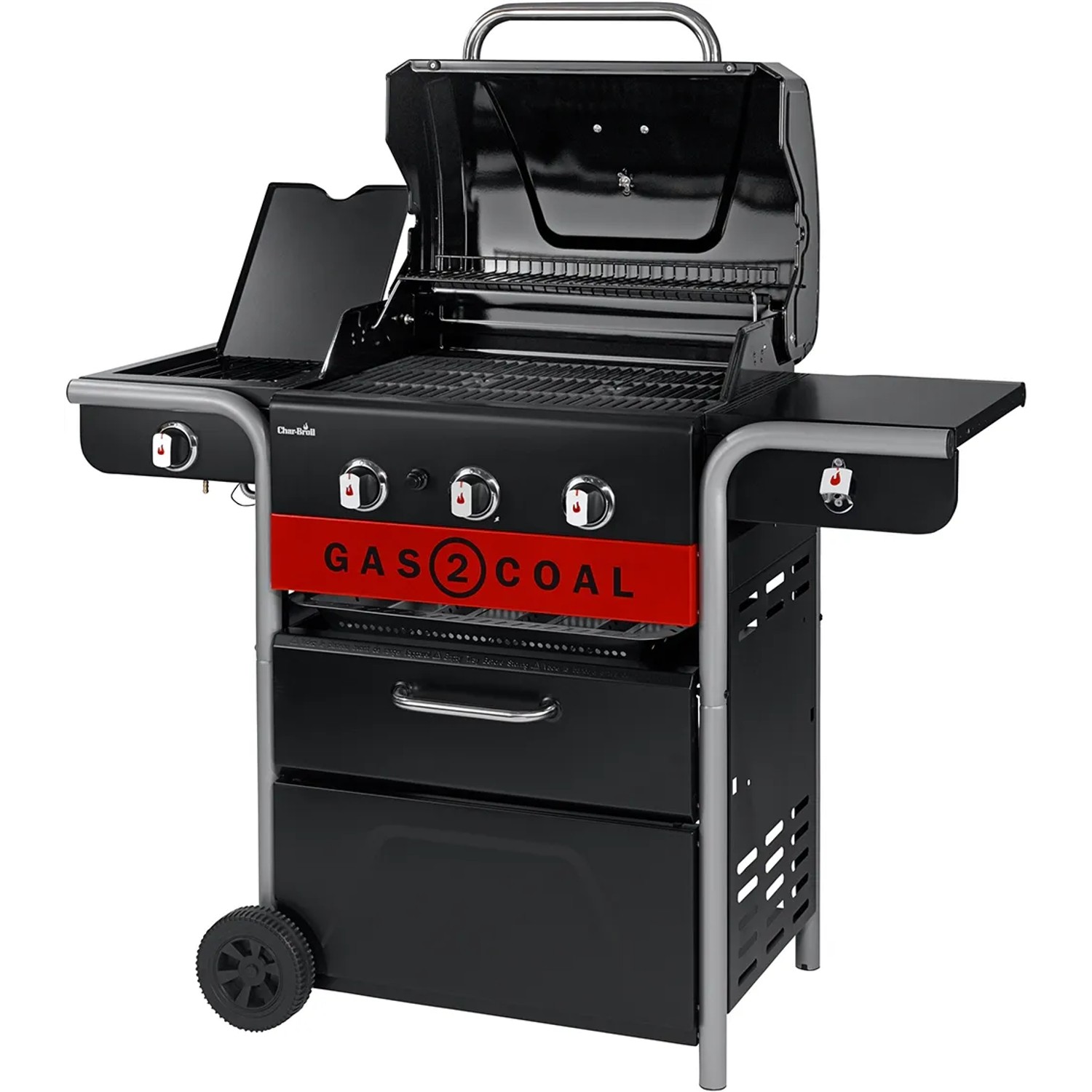 Char-Broil Gas2Coal 330 Kombigrill mit 3 Brennern und Seitenbrenner. Gas- und Holzkohlegrill in einem.
