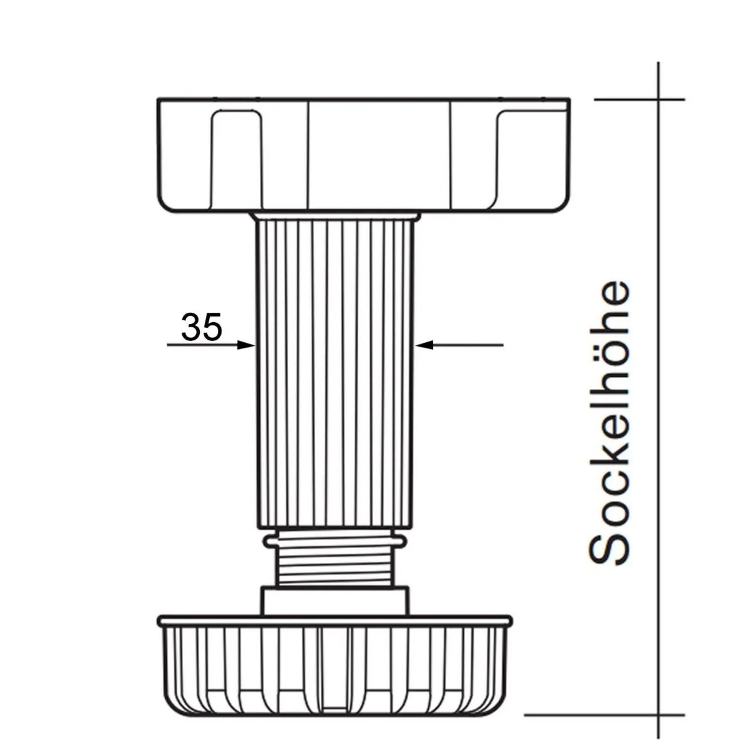 Technische Zeichnung eines verstellbaren SOTECH Möbelfußes, 160 mm Sockelhöhe, mit Maßen.