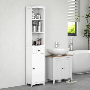 Weißer HOMCOM Badezimmerschrank aus Spanplatte mit Schublade, Schranktür und offenen Regalen.