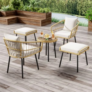 PXloue 5 Teiliges Garten Lounge Set aus Rattan mit Tisch 2 Stühlen und 2 Hockern für Terrasse Balkon