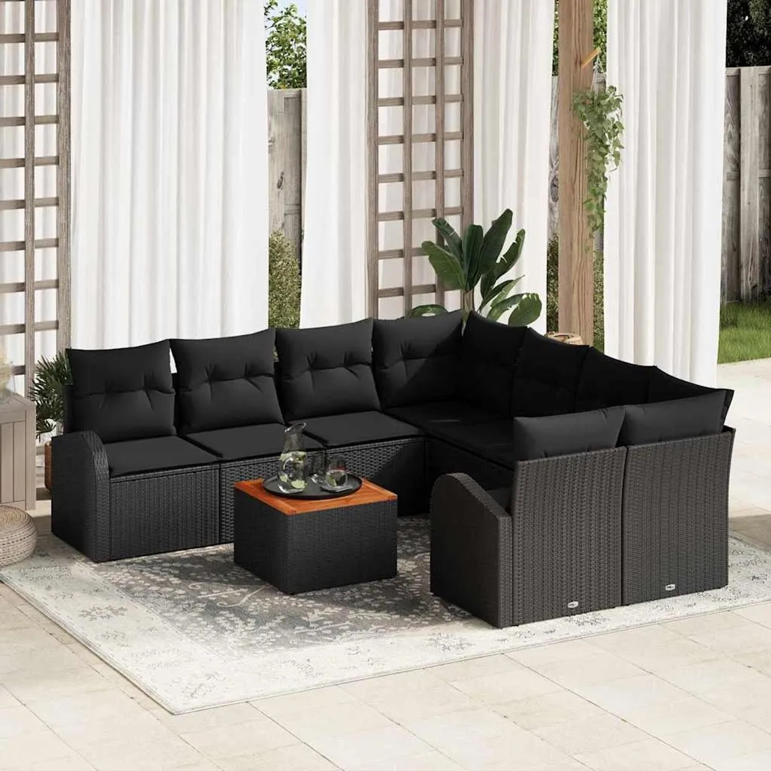 Schwarzes 9-teiliges Garten-Sofa-Set aus Rattan mit Tisch für Terrasse und Garten.