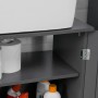 Detailaufnahme: Grauer SoBuy Waschbeckenunterschrank (60cm) mit offenem Innenraum und Badutensilien.