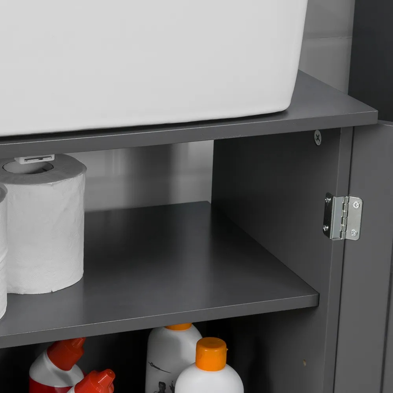 Detailaufnahme: Grauer SoBuy Waschbeckenunterschrank (60cm) mit offenem Innenraum und Badutensilien.