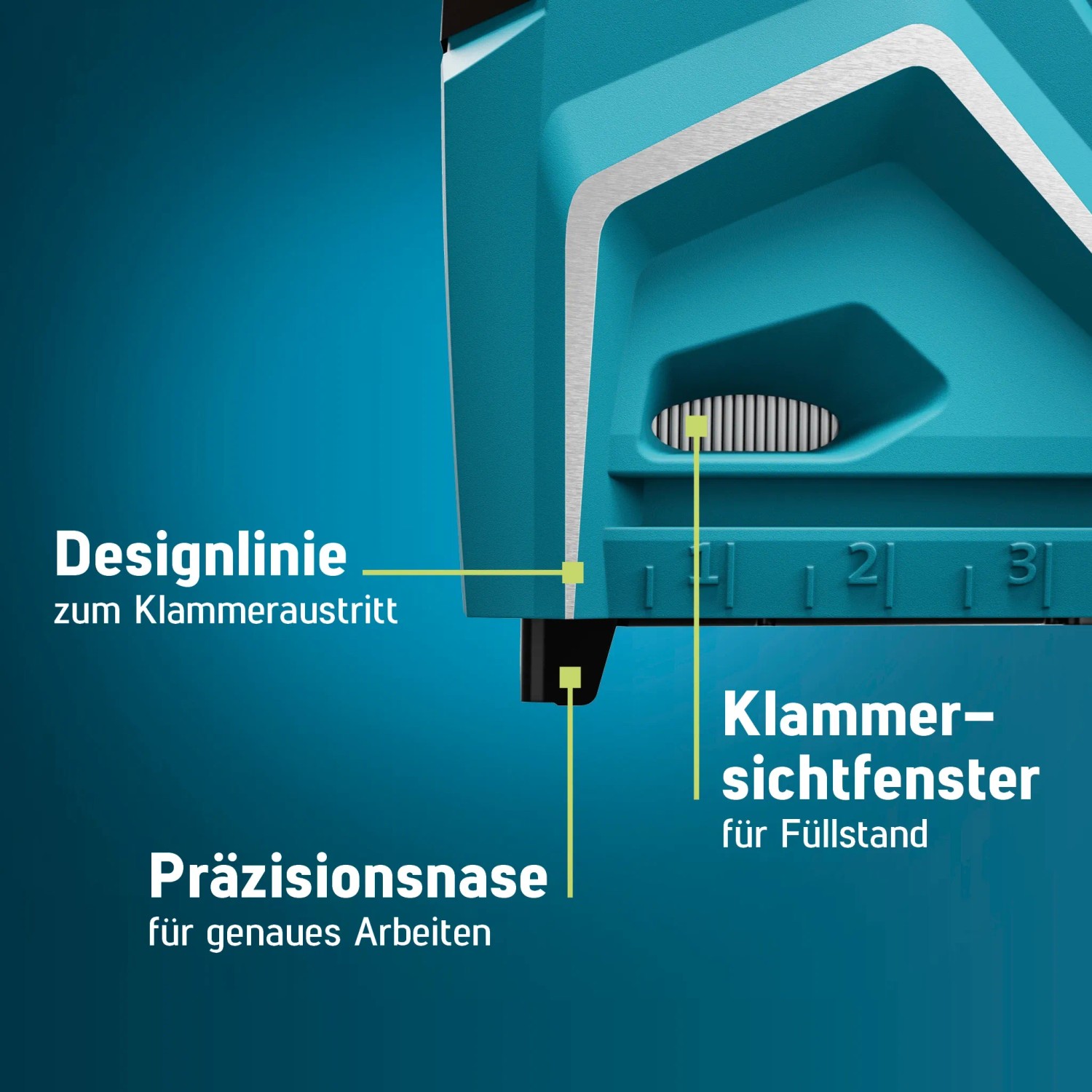 Detailaufnahme Novus J-50 Handtacker: Designlinie, Klammersichtfenster und Präzisionsnase.