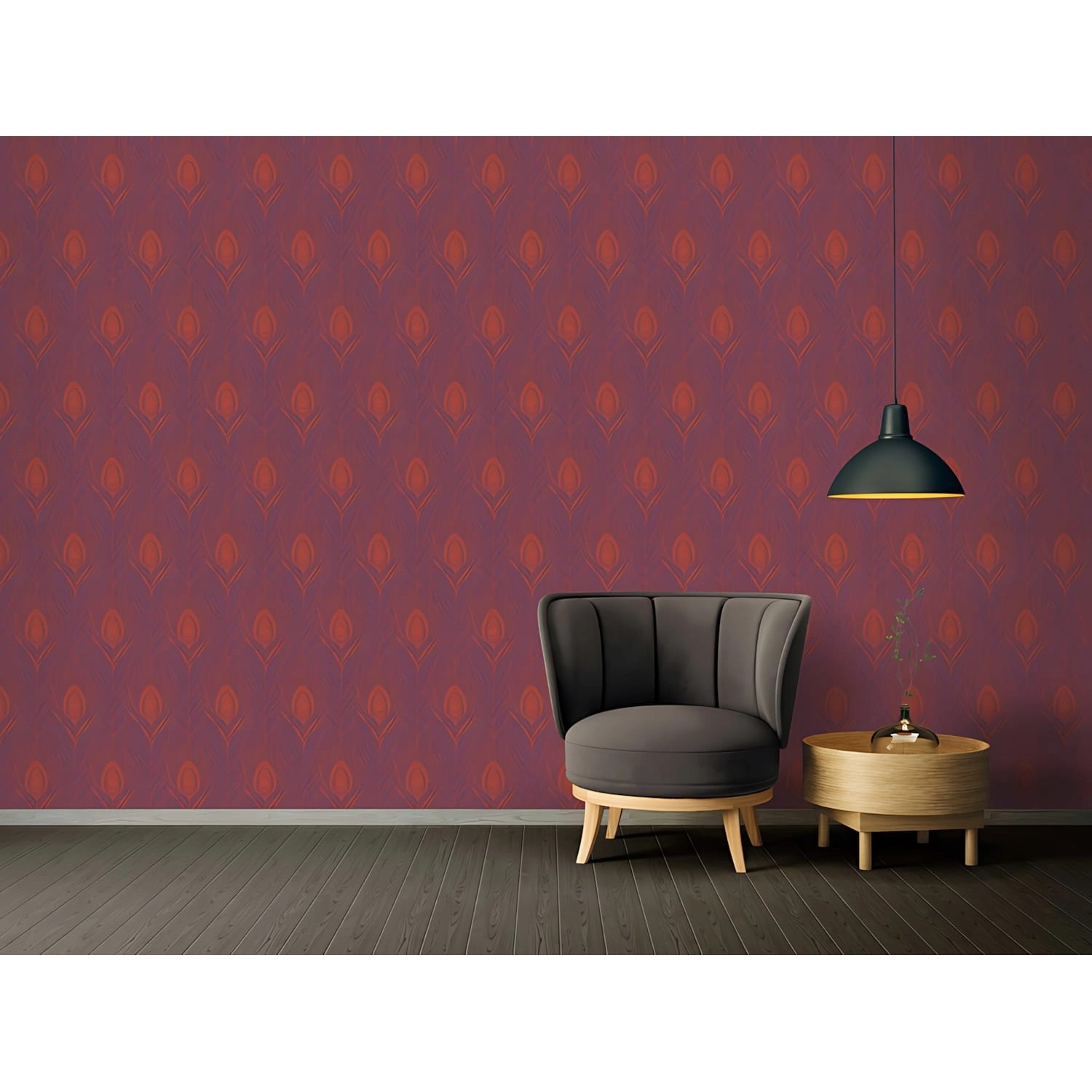 Matt rote Vliestapete mit Federn in Rot, Violett und Gold von PROFHOME, Dekorative Tapete.