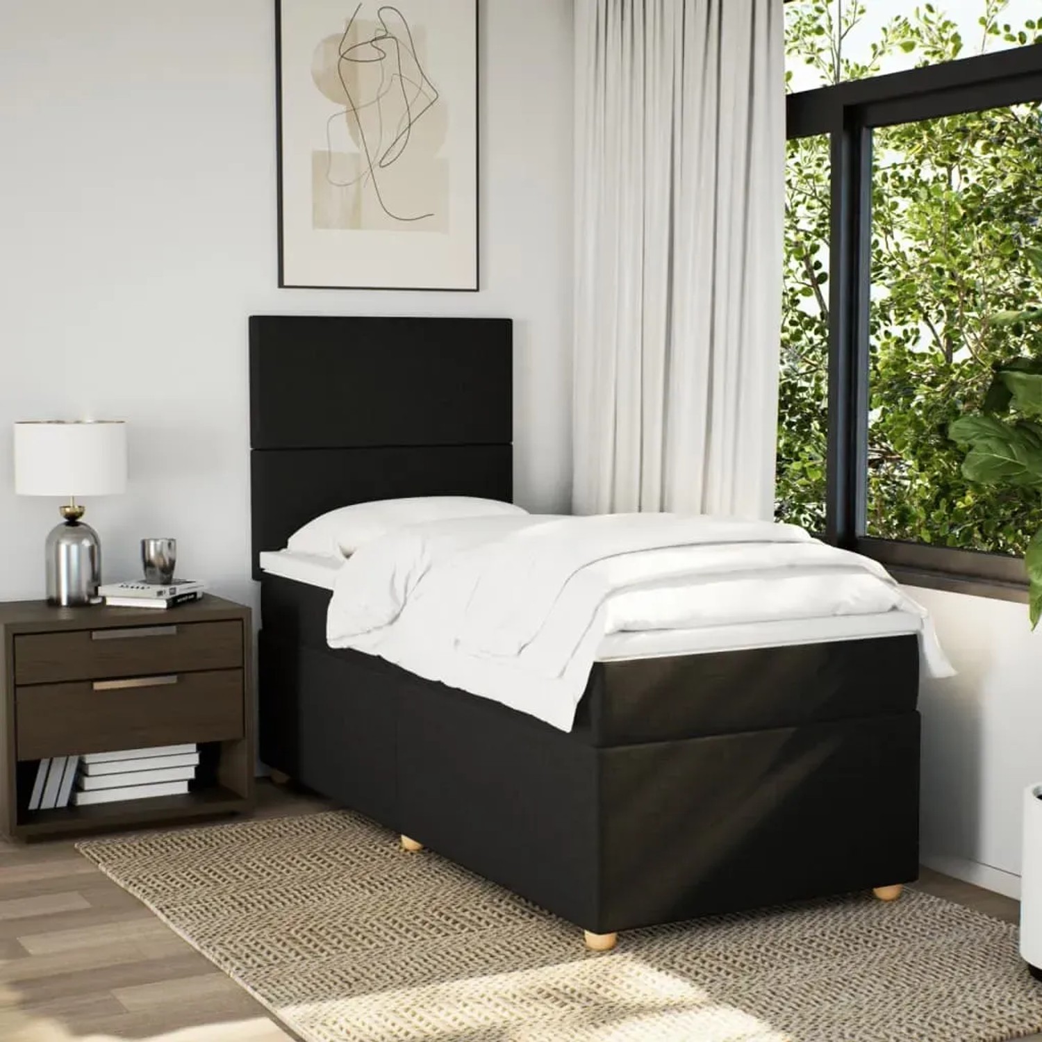 Schwarzes vidaXL Boxspringbett (80x200 cm) mit Matratze und Kopfteil im Schlafzimmer.