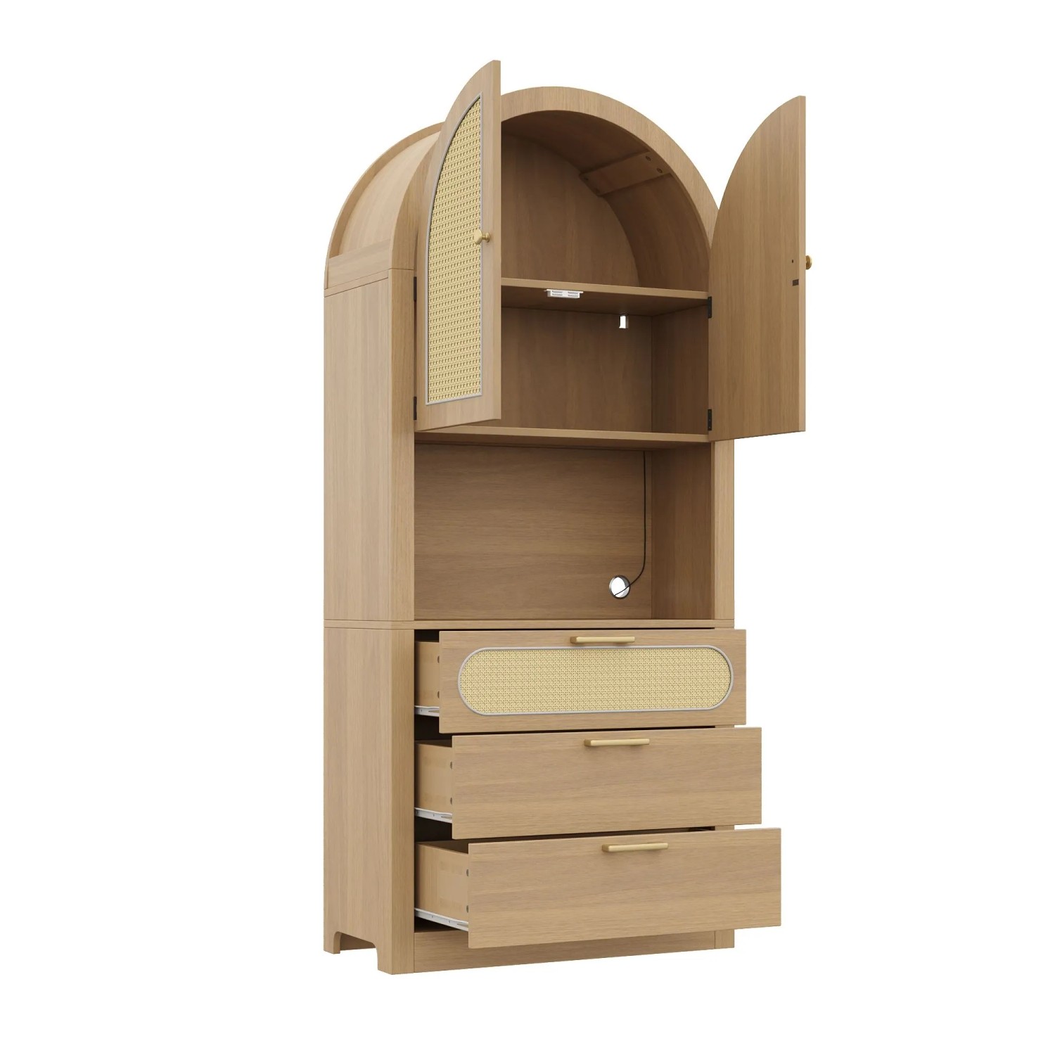 okwish Vitrinenschrank mit Rattantüren LED Beleuchtung Wohnzimmer 80x35x180cm Natur