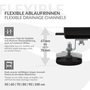 Detailaufnahme: Verstellbarer Fuß der schwarzen LuxeBath Duschrinne (60cm) aus Edelstahl.