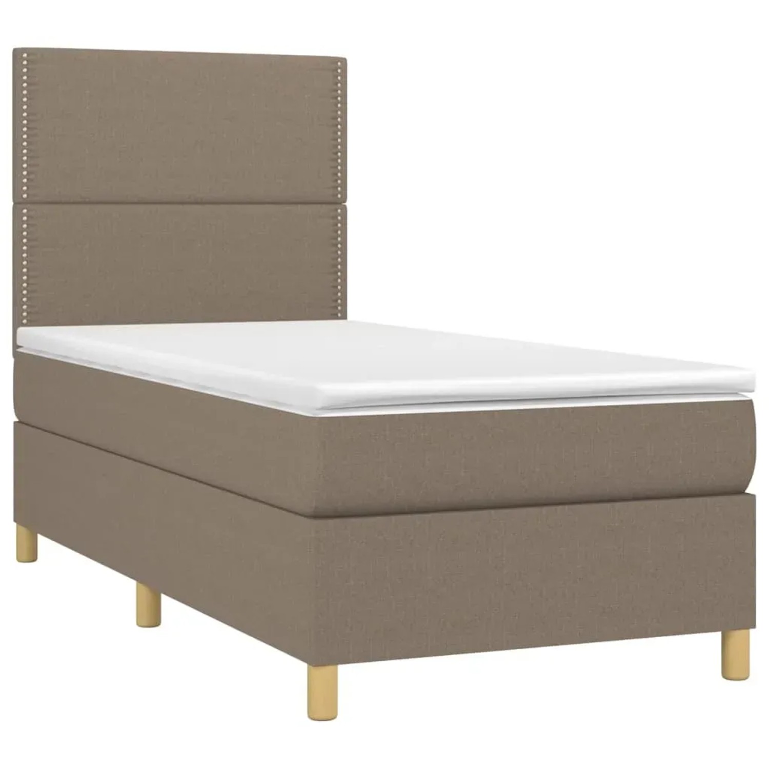 Taupes Boxspringbett 90x190 cm mit Matratze und Kopfteil.