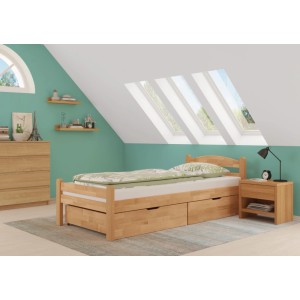 Bett mit Bettkasten aus Buche, farblos lackiert. Einzelbett mit Stauraum für Kinder- oder Jugendzimmer.