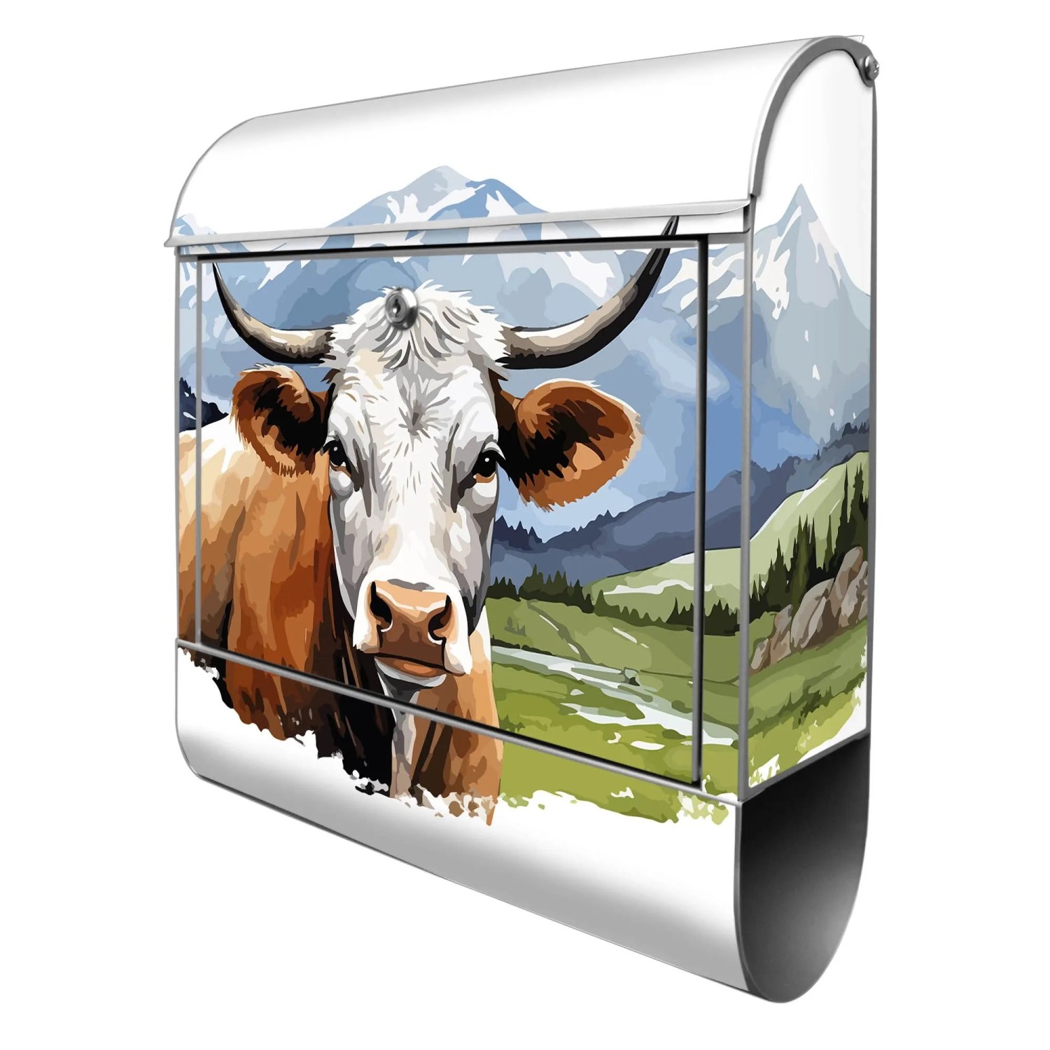Banjado Design Briefkasten Silber Pulverbeschichtet 39x47x14cm 2 Schlüssel Mit Zeitungsfach Motiv Bergkuh in der Landsch...