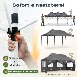 Grauer Sekey Faltpavillon 3x6 m. Aufbau per Knopfdruck, Gestell und mit 6 Seitenteilen. Wasserdicht, UV Schutz.
