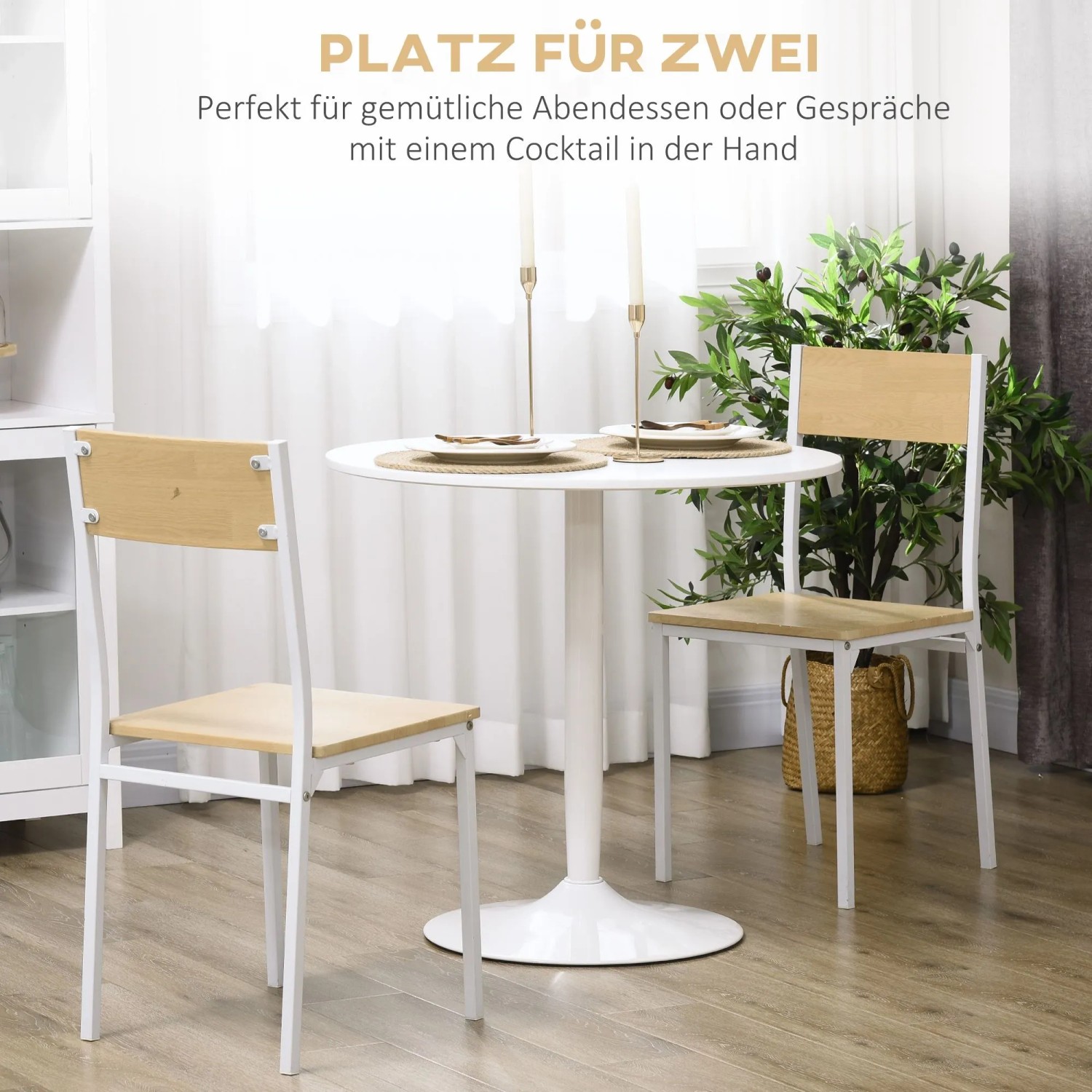 Weißer runder HOMCOM Esstisch aus MDF und Stahl, modern, für zwei Personen, in Esszimmer-Umgebung.