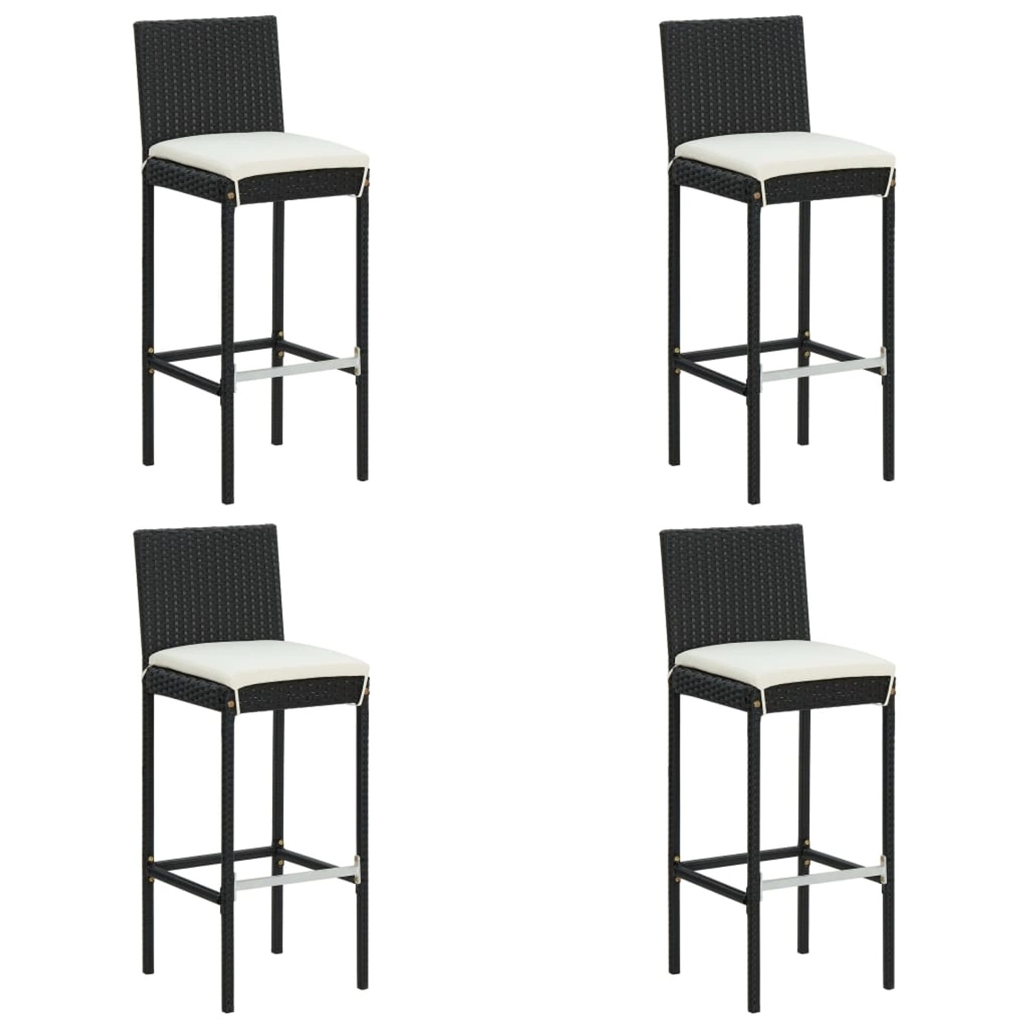 vidaXL Gartenbar-Set, 4 schwarze Rattan Barhocker mit Kissen, Teil des 5-tlg. Sets.