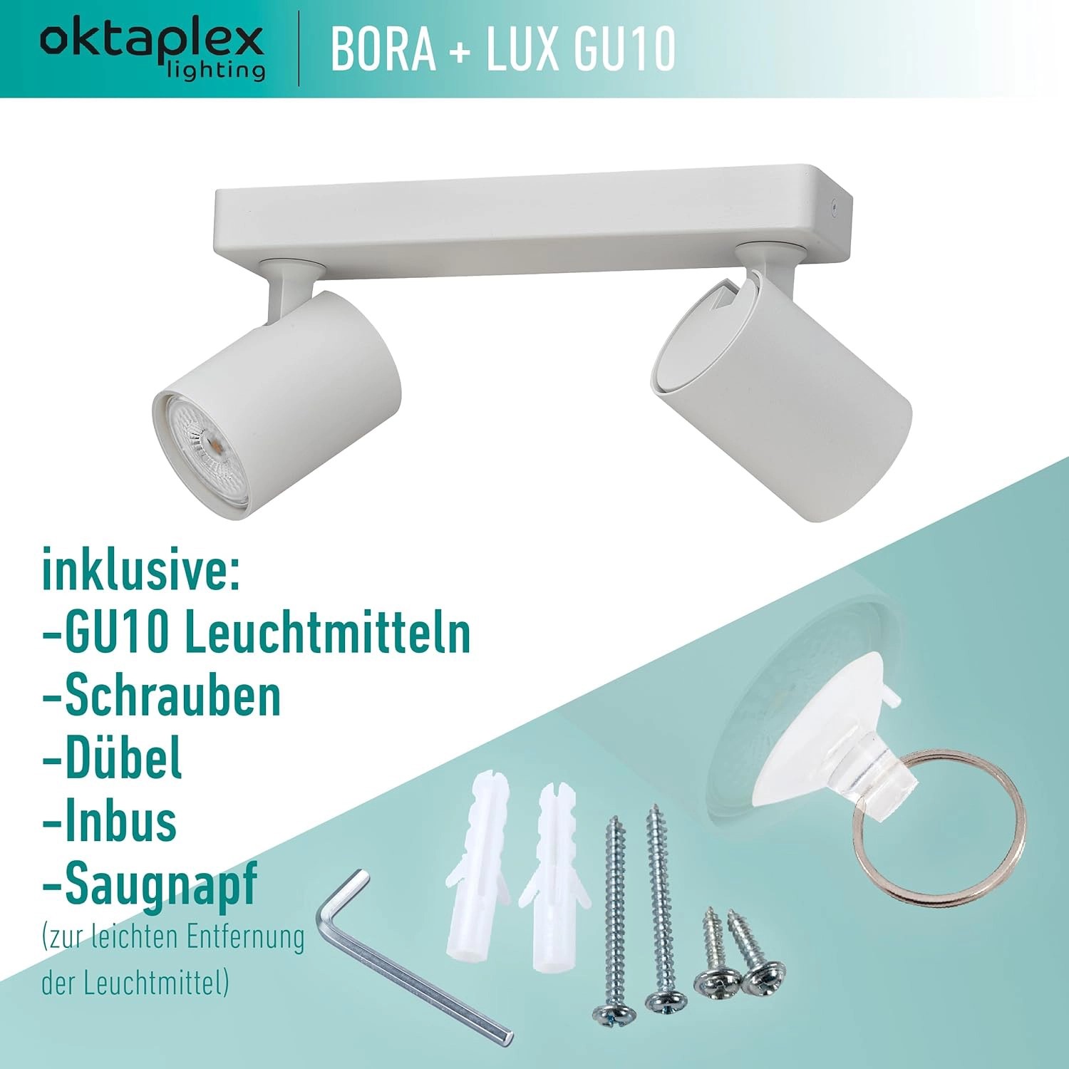 Weißer Oktaplex Bora LED Spotbalken, 2-flammig, dimmbar, inklusive GU10 Leuchtmittel und Montagezubehör.