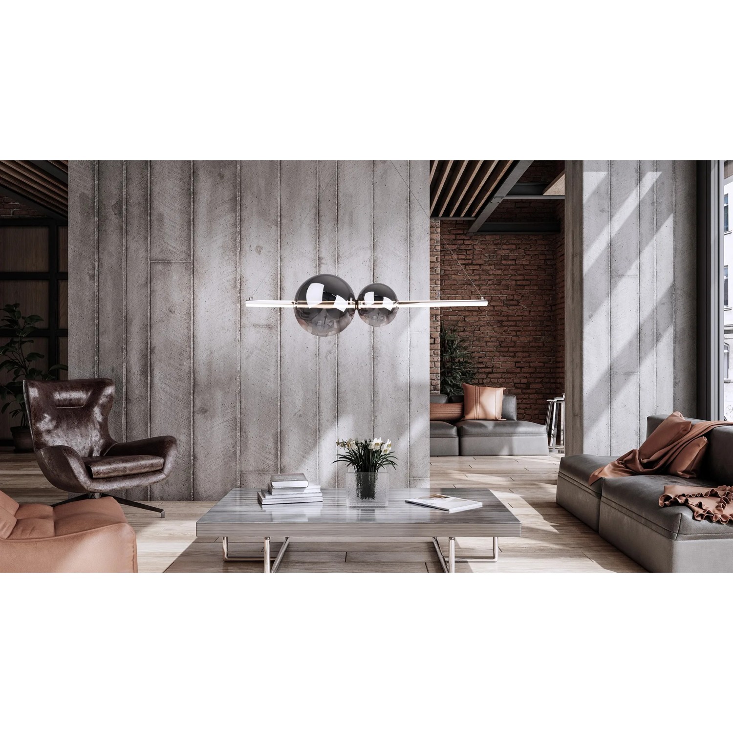 Moderne LED-Pendelleuchte Nova Chrome mit Rauchglaskugeln im Wohnraum.