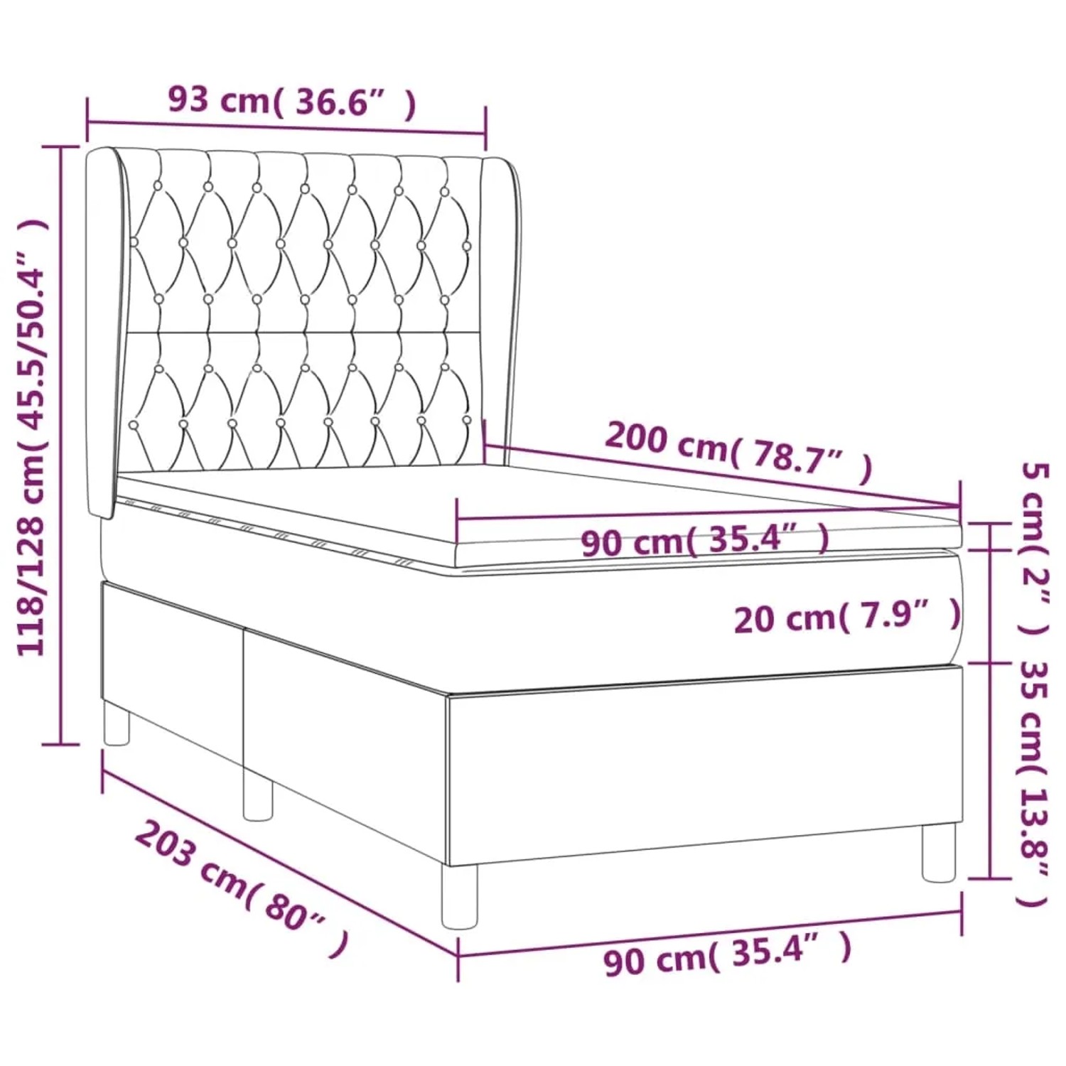 vidaXL Boxspringbett hellgrau (90x200 cm) mit Samtbezug, Matratze und Kopfteil. Bett für erholsamen Schlaf.