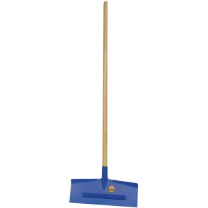 Blaue Offner Schneescharre aus Stahlblech mit Holzstiel zum Schneeräumen.